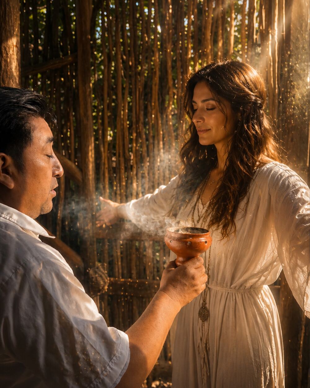 A Mayan guide blesses a guest with copal smoke in a jungle palapa at golden hour