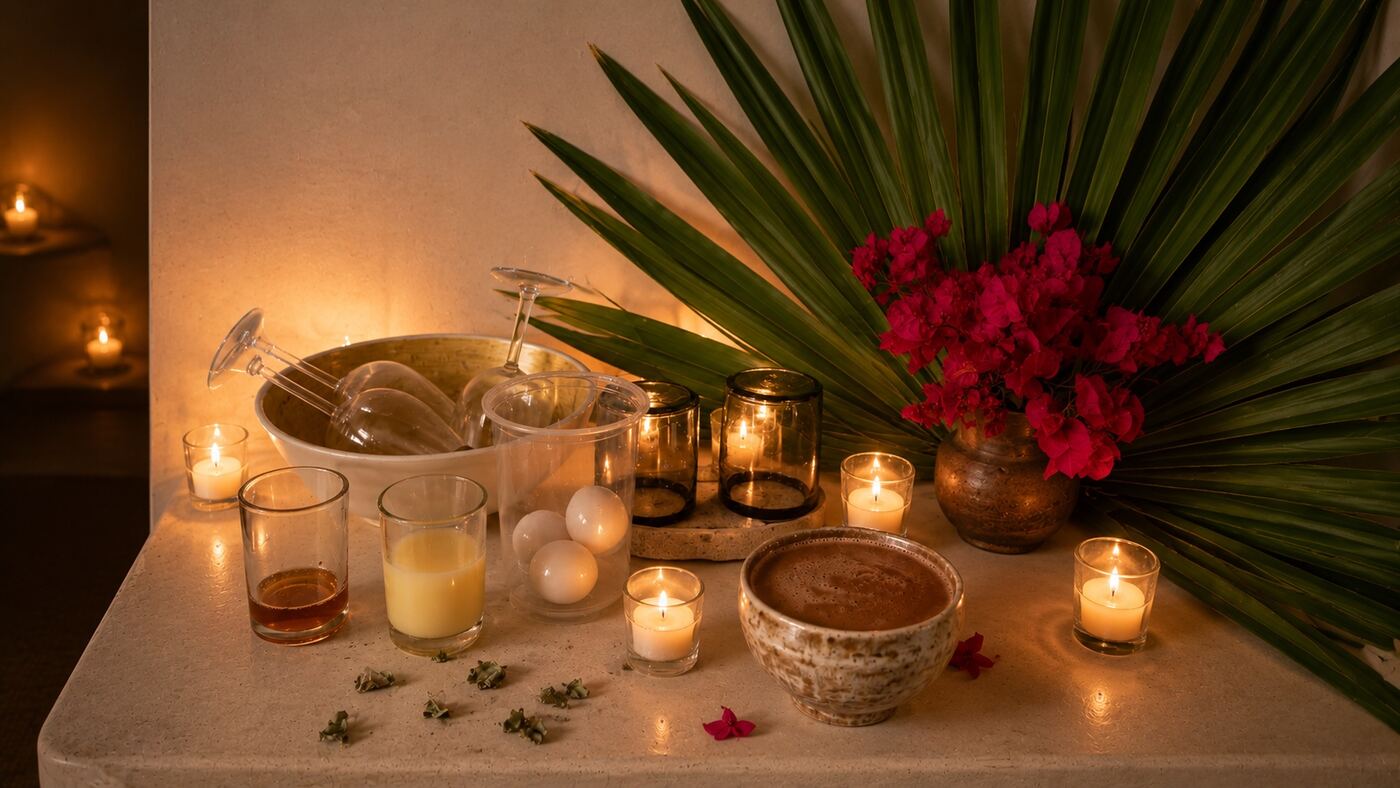 A candlelit ceremony altar set with cacao, egg, and honey offerings surrounded by palm fronds and bougainvillea