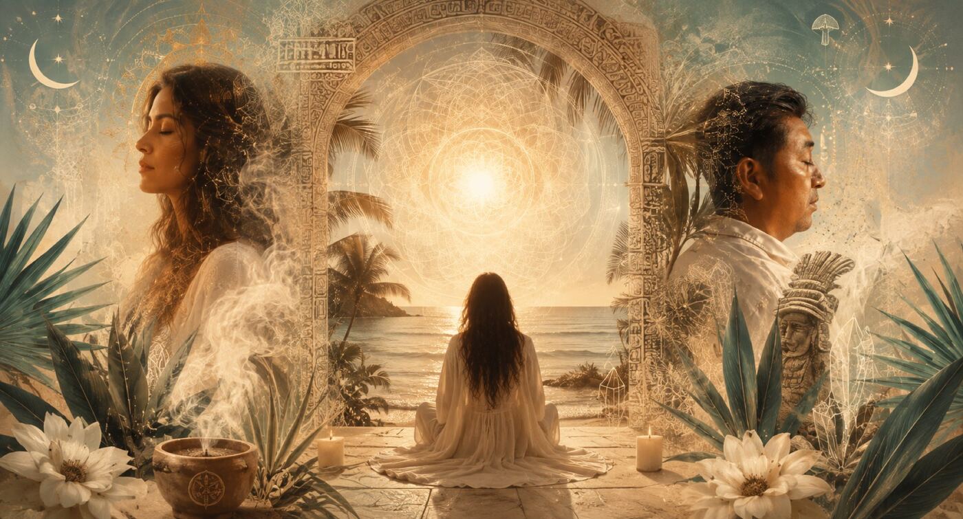A woman meditates facing the ocean beneath an archway at sunrise in Tulum