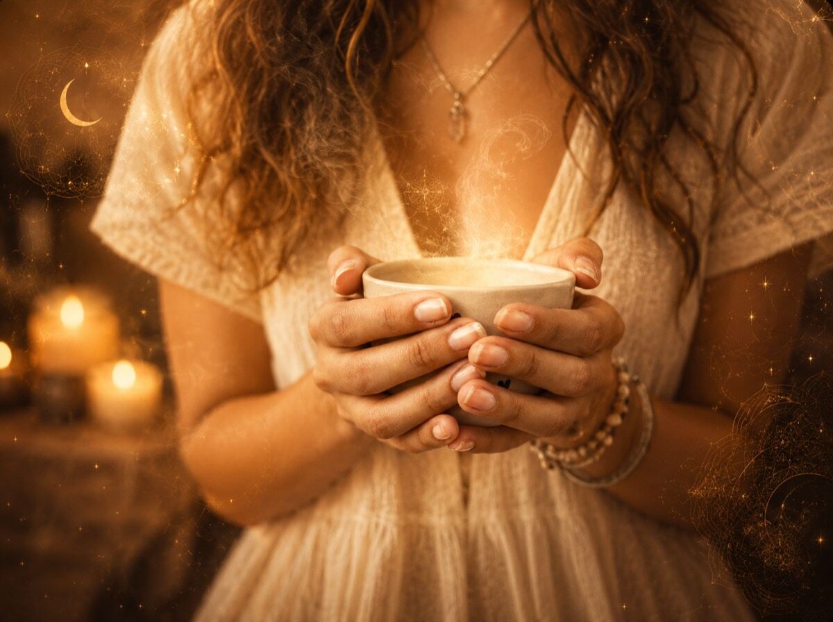 A guest holds a warm cup of tea in both hands during a quiet moment of reflection