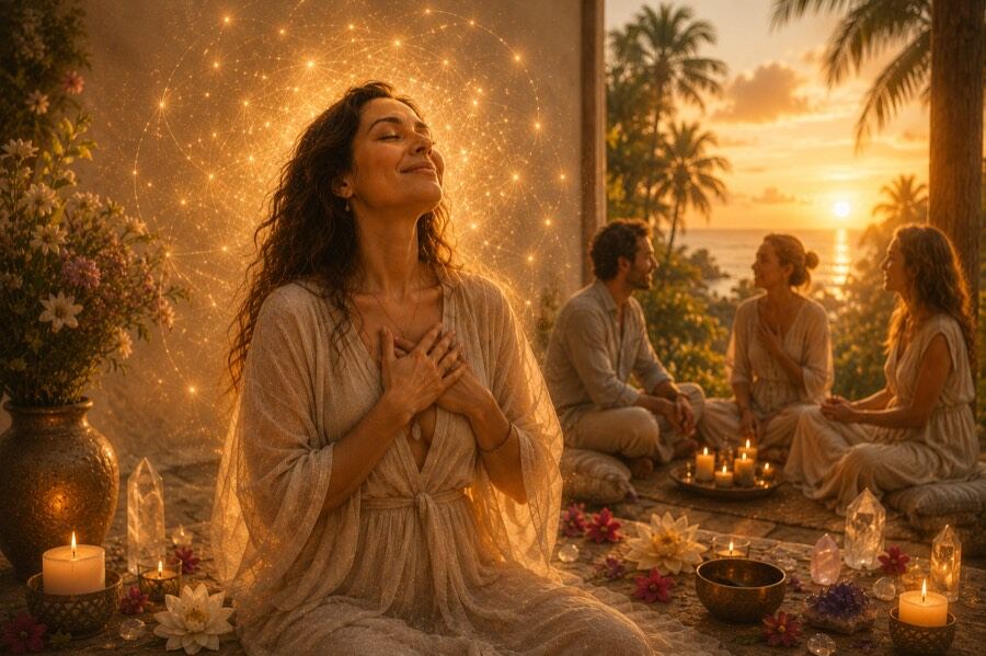A woman sits peacefully with eyes closed at sunset, a calm halo of light around her
