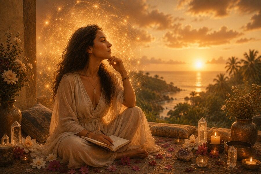 A woman rests her chin on her hand, gazing thoughtfully out at the ocean at sunset with a journal in her lap